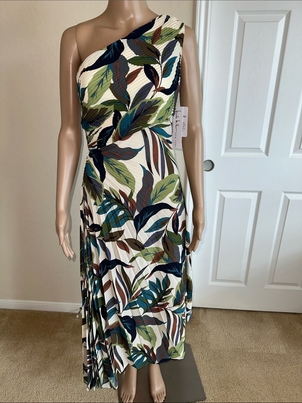 NWT Nicole Miller One-Shoulder Maxi Dress in Green, Blue, Brown, Cream Size 4 - Picture 1 of 16